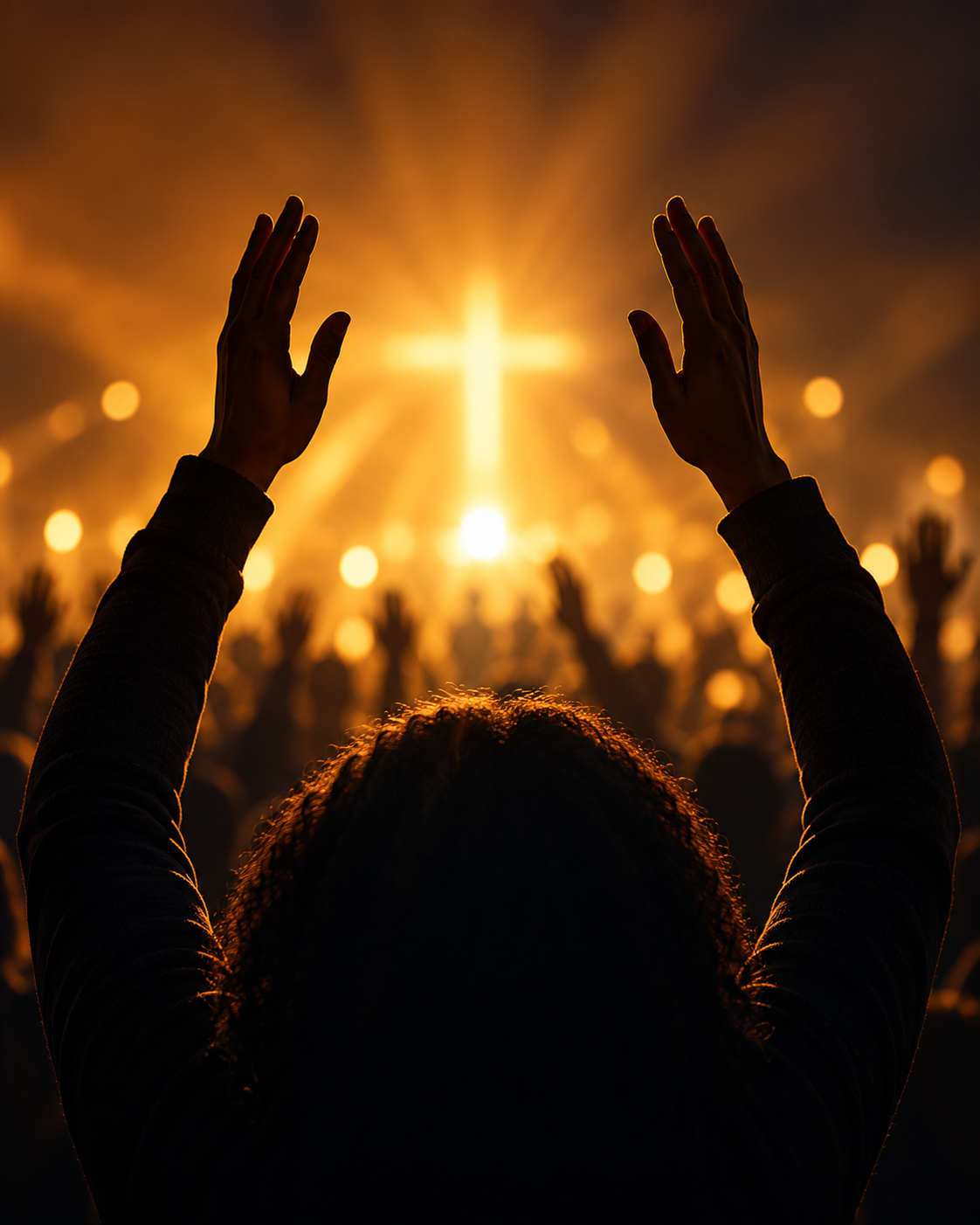 Hands raised in worship in warm golden light