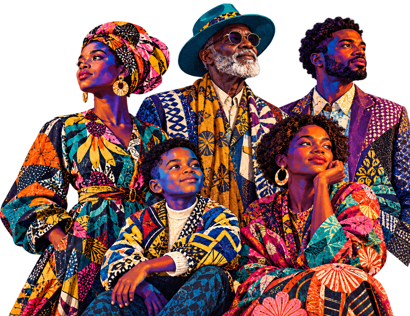 Vibrant collage of a multi-generational community in bold African-inspired patterns